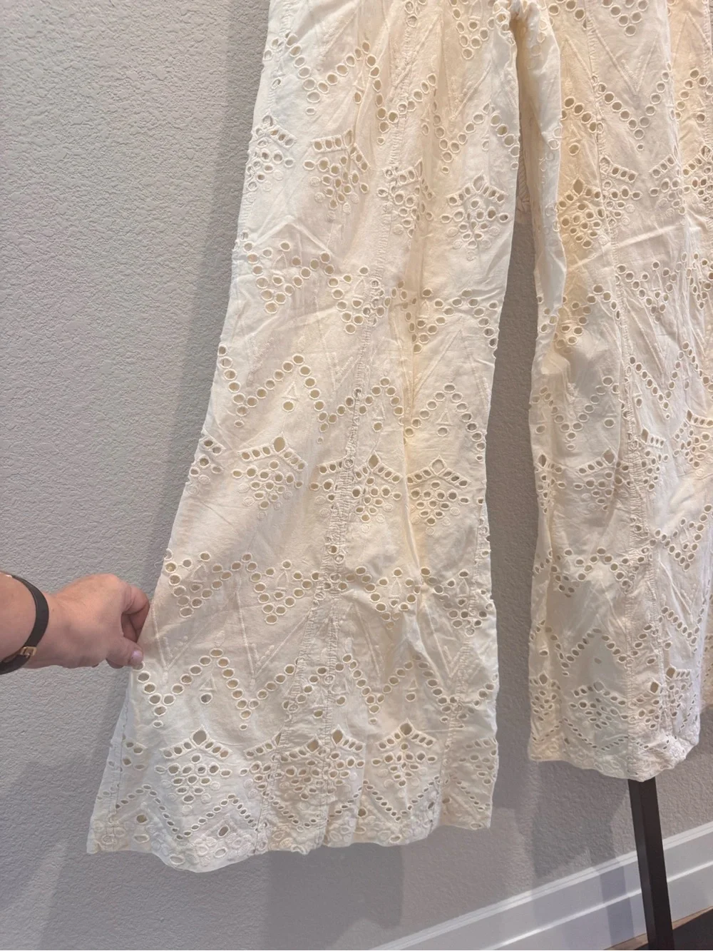 Free People Emma Embroidered Cream Eyelet Wide-Leg Pants